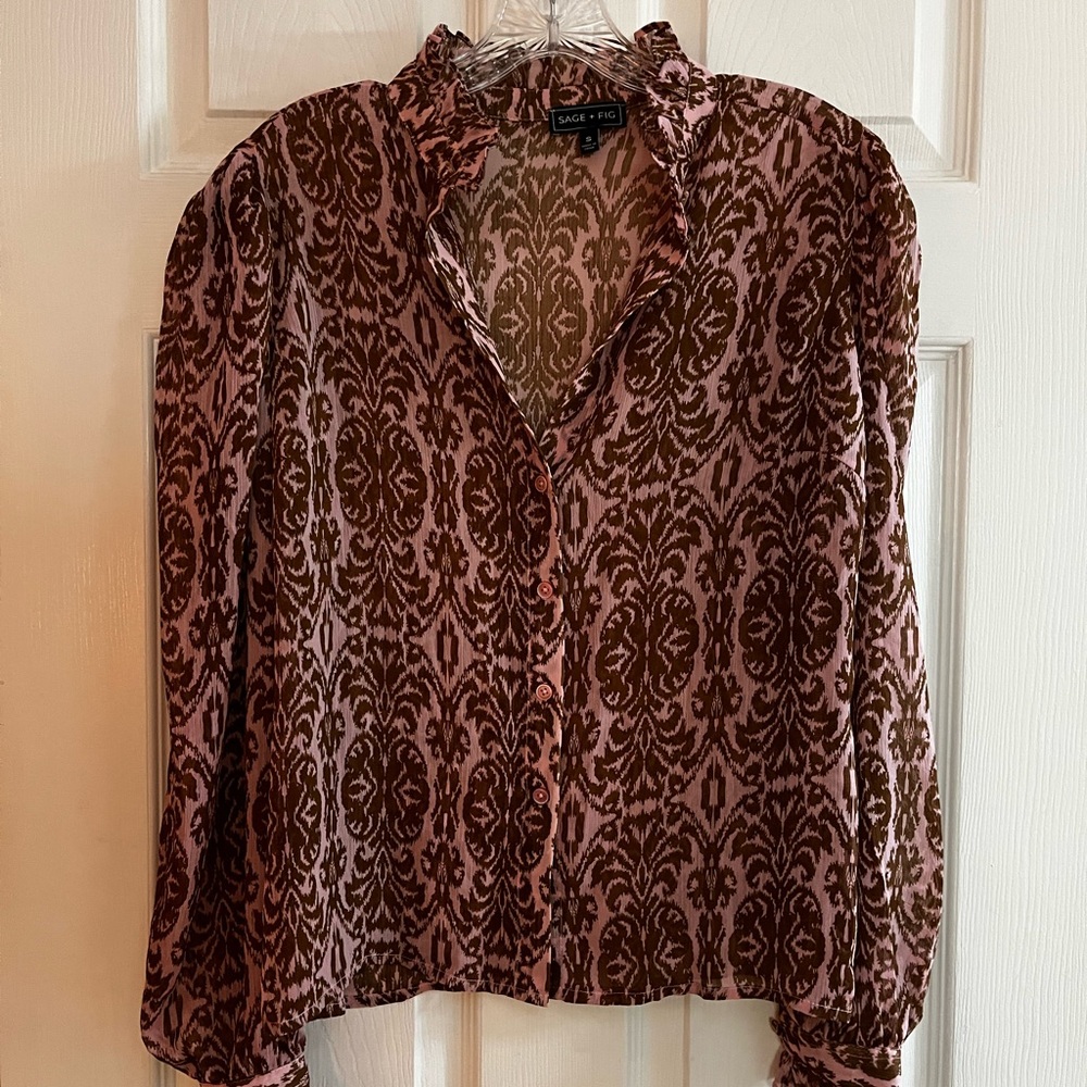 SAGE + FIG/women’s NWOT LS Elegant Patterned Blouse - Pink and Brown Size S - Picture 1 of 5